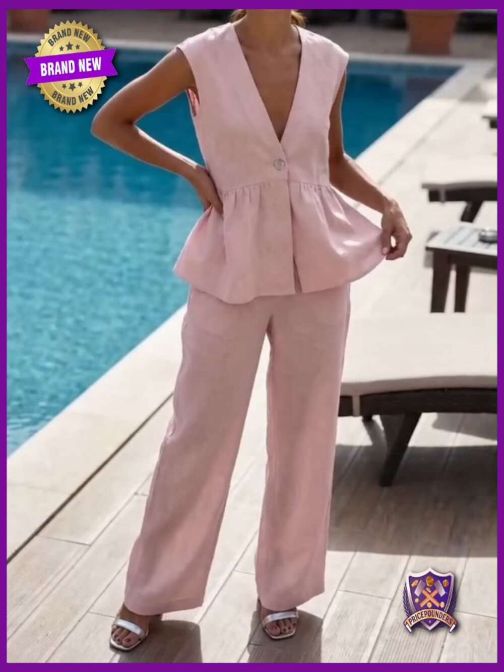 Sleeveless V Neck Peplum Top & Wide Leg Pant Set, Lounge Set - Picture 7 of 7